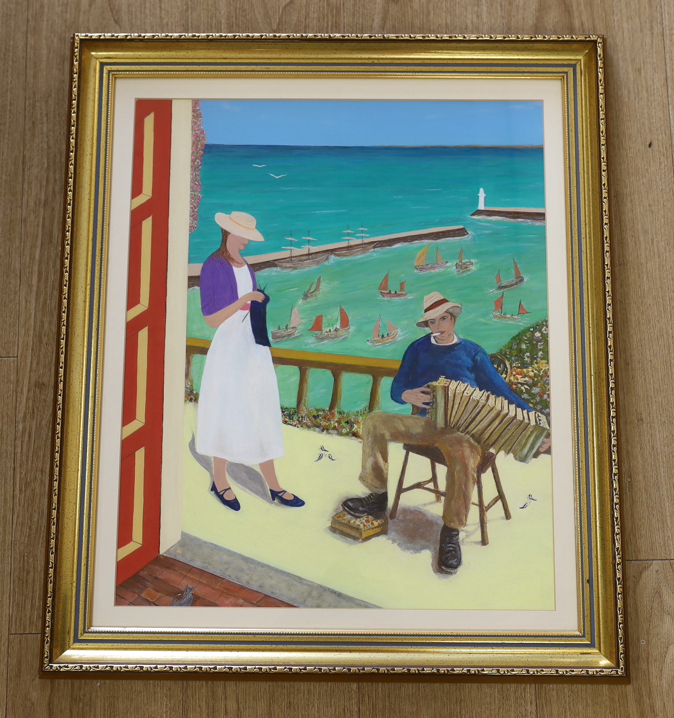 Sheridan (Modern British), oil, Couple on veranda before a harbour, signed, 55 x 45cm